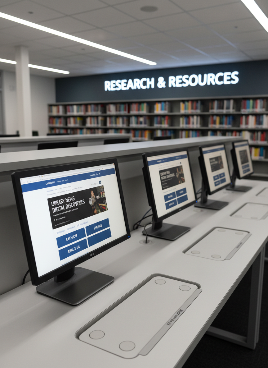 A modern computer workstation area inside a high school library, showing a row of slim black monitors displaying a library blog page with bold headings, large high-contrast navigation links, and a visible language selection dropdown. The computers rest on a smooth, light-gray tabletop with clearly labeled keyboard areas and tactile markers near the edges. In the background, low shelves of reference books and a large wall sign reading “Research & Resources” provide context without distracting detail. Cool, even LED ceiling lights bathe the scene, minimizing glare on the screens. Captured in photographic realism from a three-quarter angle, depth of field keeps the nearest monitor crisply detailed while the others gradually soften, reinforcing a calm, efficient, and accessibility-focused digital research environment.