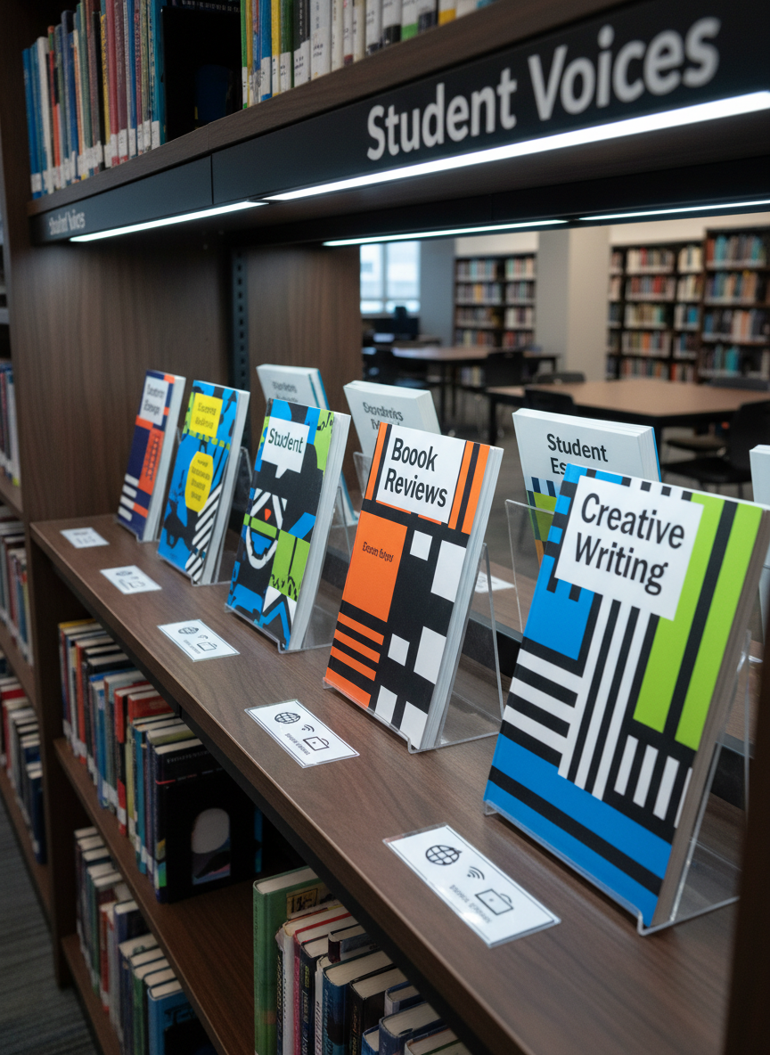 A dedicated “Student Voices” shelf in a high school library, featuring a row of neatly displayed slim booklets and printed zines with bold, high-contrast covers titled “Student Essays,” “Book Reviews,” and “Creative Writing.” Each booklet is held in clear acrylic stands on a dark, smooth wooden shelf, with adhesive labels beneath indicating accessible digital versions and translation options using simple iconography. Overhead LED lighting provides bright, even illumination, making every title and label easy to read without harsh shadows. Shot from a slightly elevated angle in photographic realism, the foreground booklets are in sharp focus while the deeper shelves fade softly, creating a professional, respectful mood that highlights student-written work as a central, valued feature of the library.
