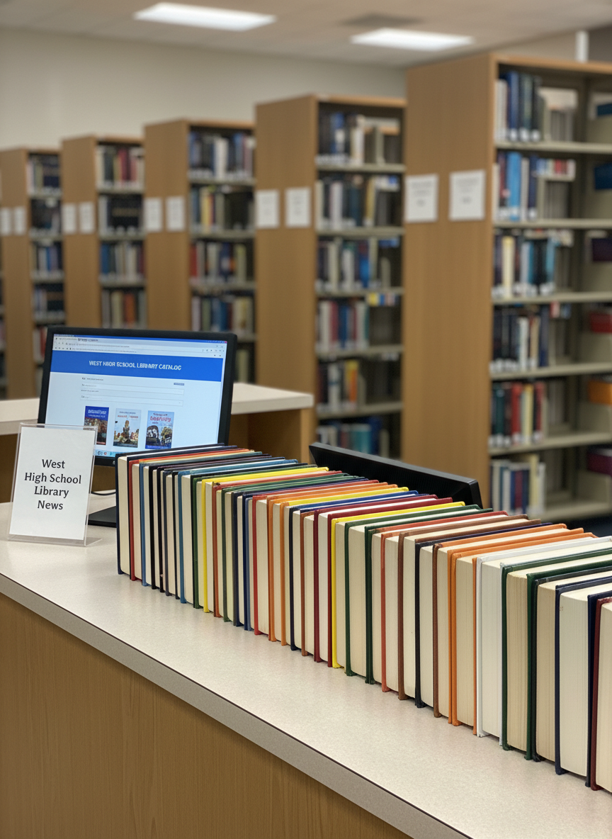 A neatly organized high school library circulation desk with rows of colorful hardcover books stacked in tidy piles, a sleek black computer monitor displaying a clear, high-contrast library website homepage, and a small acrylic sign that reads “West High School Library News” in bold, legible type. The desk surface is a light wood laminate with a subtle grain texture, positioned in front of tall, evenly spaced bookcases filled with well-labeled spines. Soft, diffused overhead lighting creates even illumination with minimal glare, casting gentle shadows that emphasize the orderly space. Photographic realism at eye level, with a sharp focus on the monitor and sign, slightly blurred background shelves, conveying a professional, welcoming, and accessible school library atmosphere.