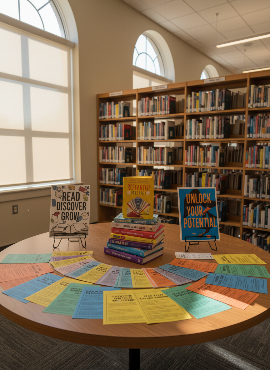 A sunlit corner of a high school library featuring a circular display table covered with neatly arranged event flyers, high-contrast posters on small stands, and a central stack of brightly colored books about reading and research skills. Behind the table, tall shelves of fiction and nonfiction books form a soft backdrop, their labels clearly visible. Natural afternoon light streams through large windows, softened by light-filtering blinds, creating gentle highlights on glossy book covers and matte paper surfaces. The composition uses the rule of thirds, with the event table in crisp focus and the shelves softly blurred, evoking an inviting yet professional mood. Photographic realism emphasizes legible text, clean lines, and an organized, student-friendly environment.