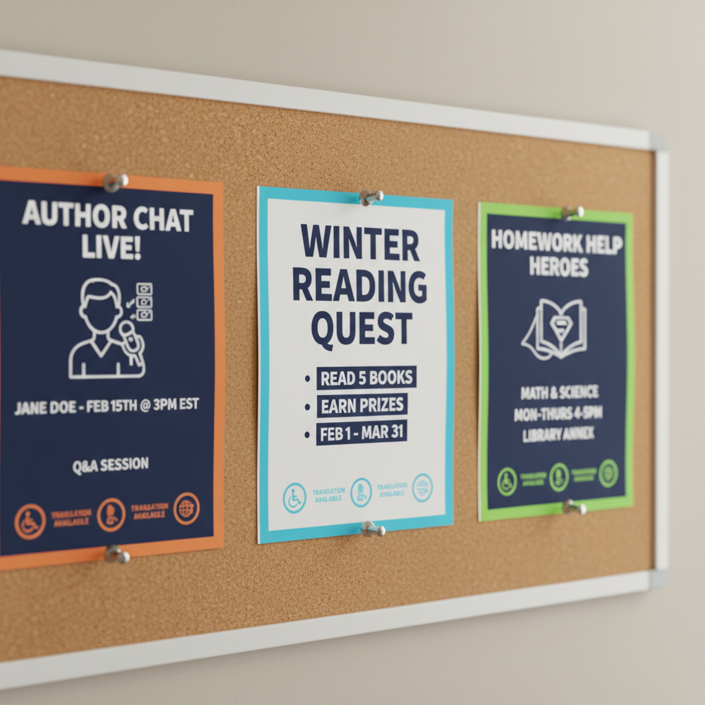 A close-up, eye-level view of a high school library announcement board mounted on a neutral-colored wall, featuring pinned, neatly aligned flyers for upcoming reading challenges, author-visit livestreams, and homework help sessions. Each flyer uses large, sans-serif fonts, high-contrast color schemes of navy, white, and bright accent colors, and clear icons indicating accessibility, translation availability, and online sign-up. The corkboard texture is finely detailed, with silver pushpins catching small highlights from soft overhead lighting. The surrounding wall is clean and uncluttered, allowing the information to stand out. Photographic realism with a shallow depth of field keeps the central flyers in sharp focus while the board edges gently blur, conveying a professional, organized, and inclusive communication hub for school library events.